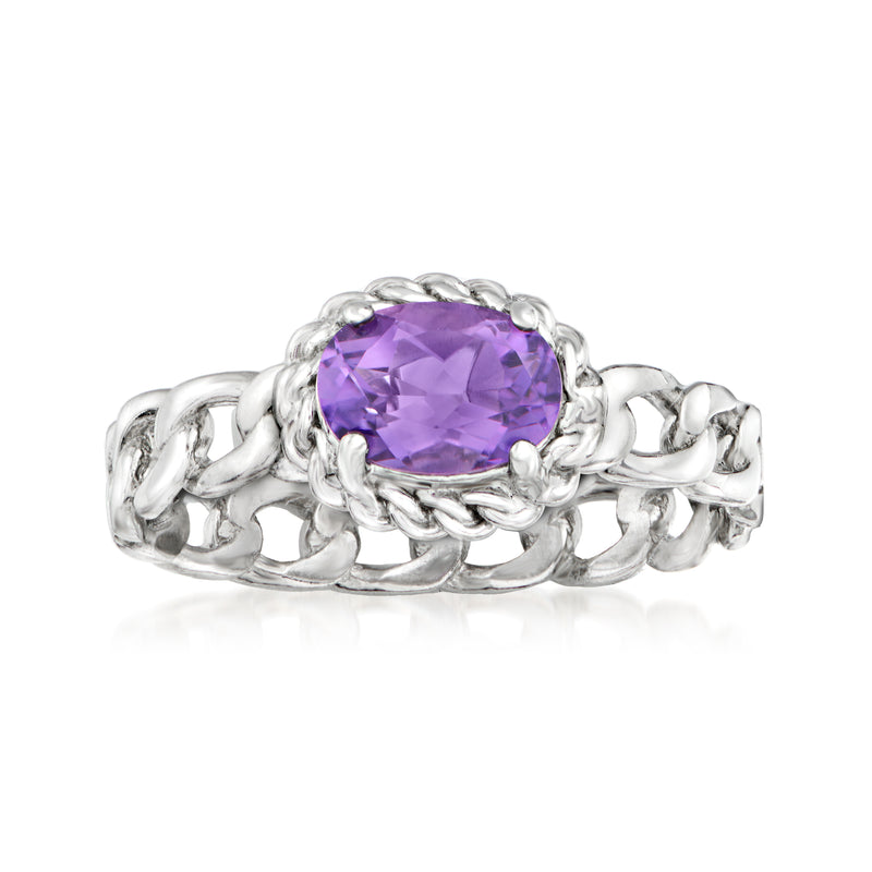 Sterling silver curb-link ring with round amethyst gemstone in prong setting