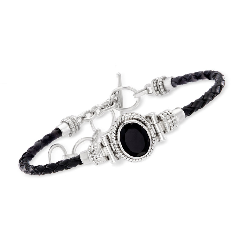 Black leather toggle bracelet with round black onyx sterling silver bezel and chain