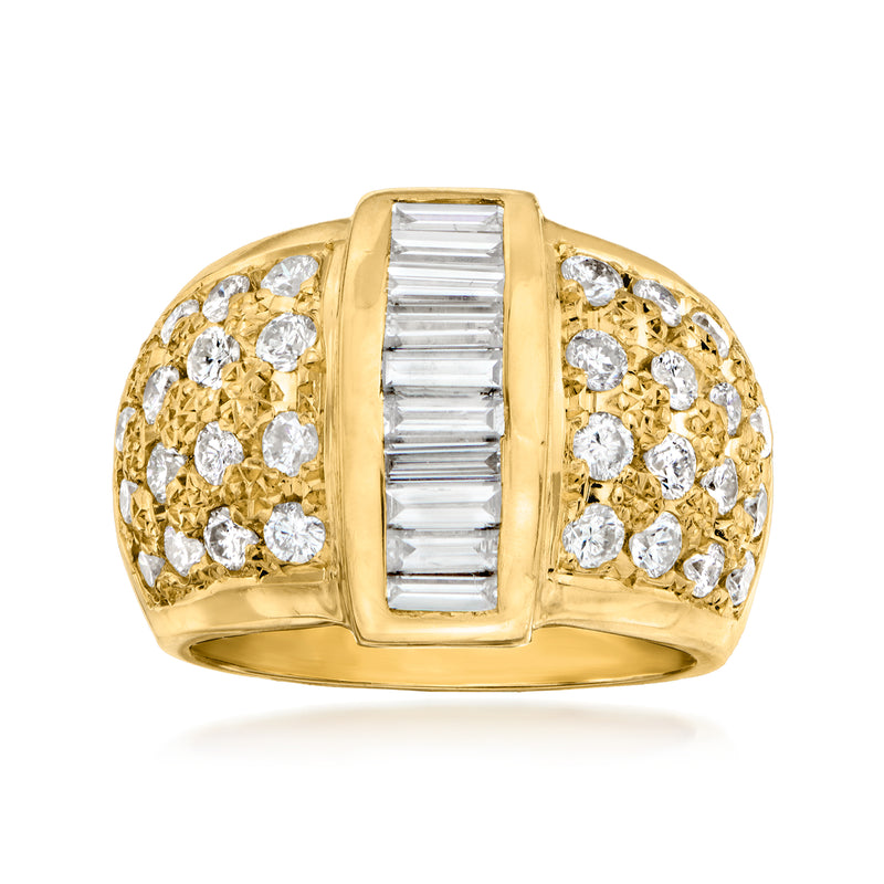 Gold vintage dome ring with baguette-cut center and round diamond side clusters