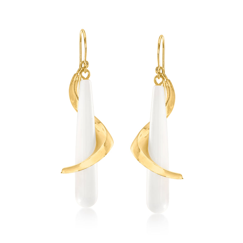 14kt yellow gold spiral drop earrings with white agate pendants