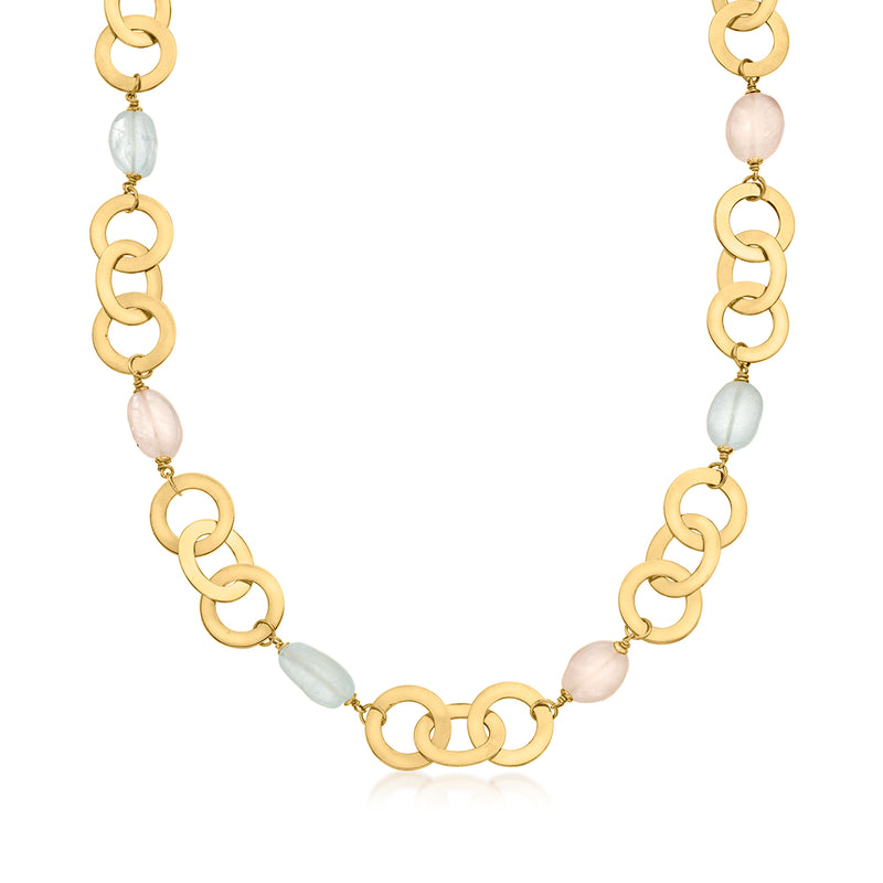 14kt yellow gold chain necklace with alternating light blue and pink gemstone beads