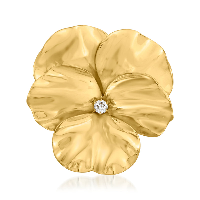 Vintage 14kt yellow gold flower pin with a small round diamond center