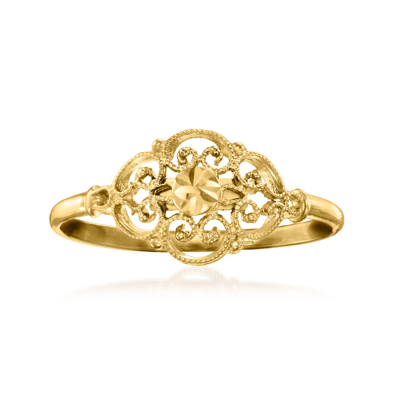 14kt yellow gold milgrain ring with ornate filigree and round center setting