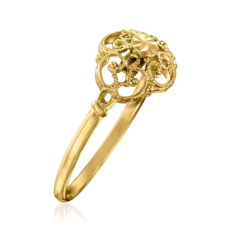 14kt yellow gold milgrain ring, openwork filigree top, slim band, side view