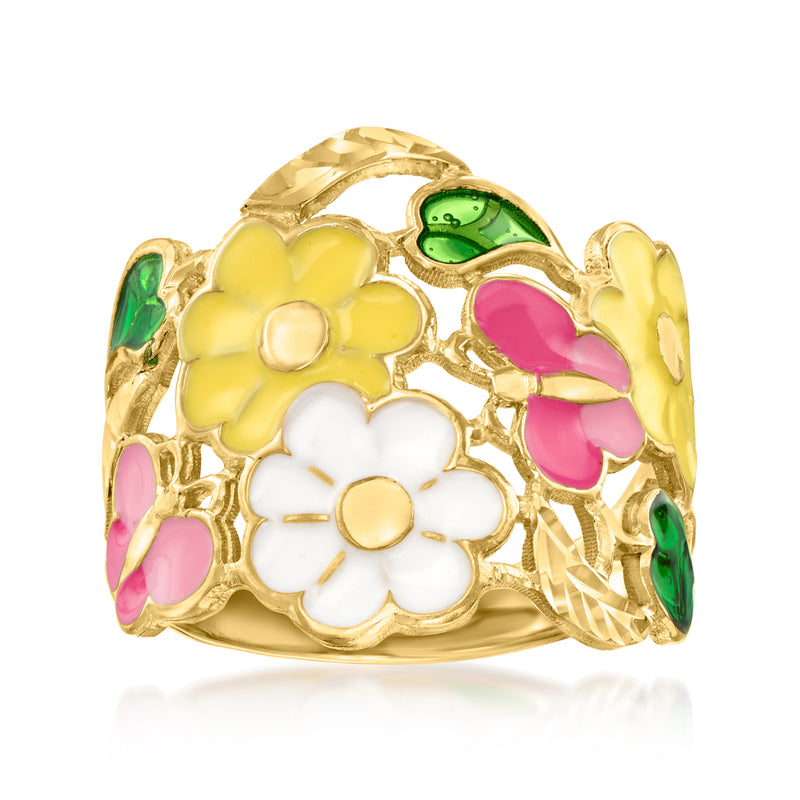 14kt yellow gold floral enamel ring with multicolored flowers and green accents
