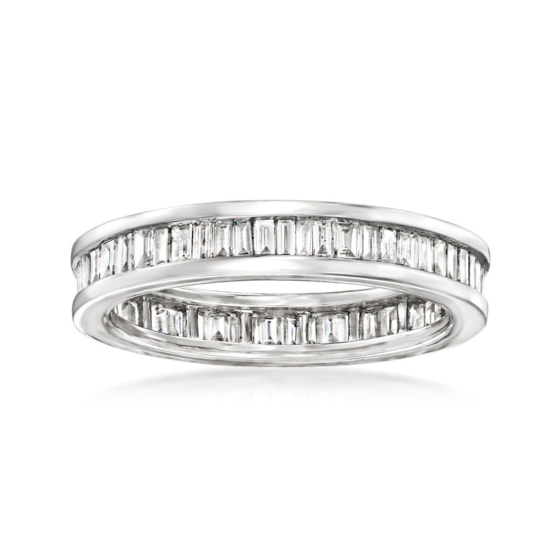 14kt white gold diamond eternity band with channel-set baguette stones, top view