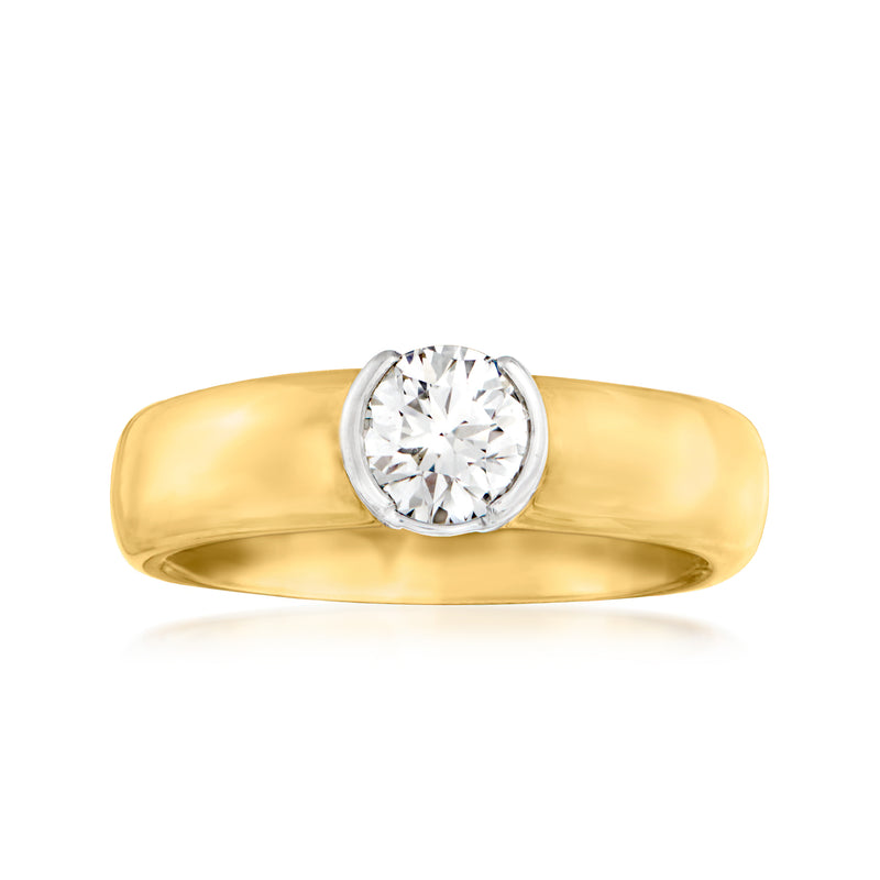 Vintage diamond solitaire ring, yellow gold band with round diamond in platinum bezel