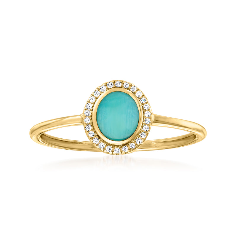 14kt yellow gold ring with blue enamel oval and diamond halo accents