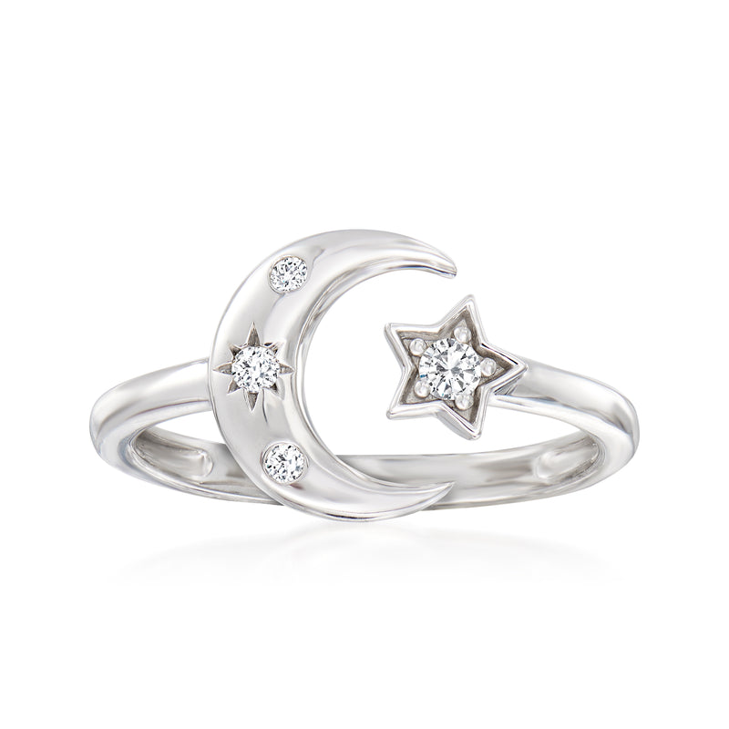 Sterling silver bypass ring with moon and star cutout, diamond accents