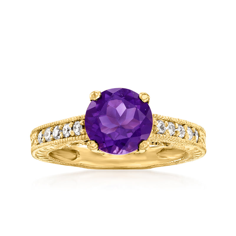 14kt yellow gold amethyst and diamond ring with round faceted purple center