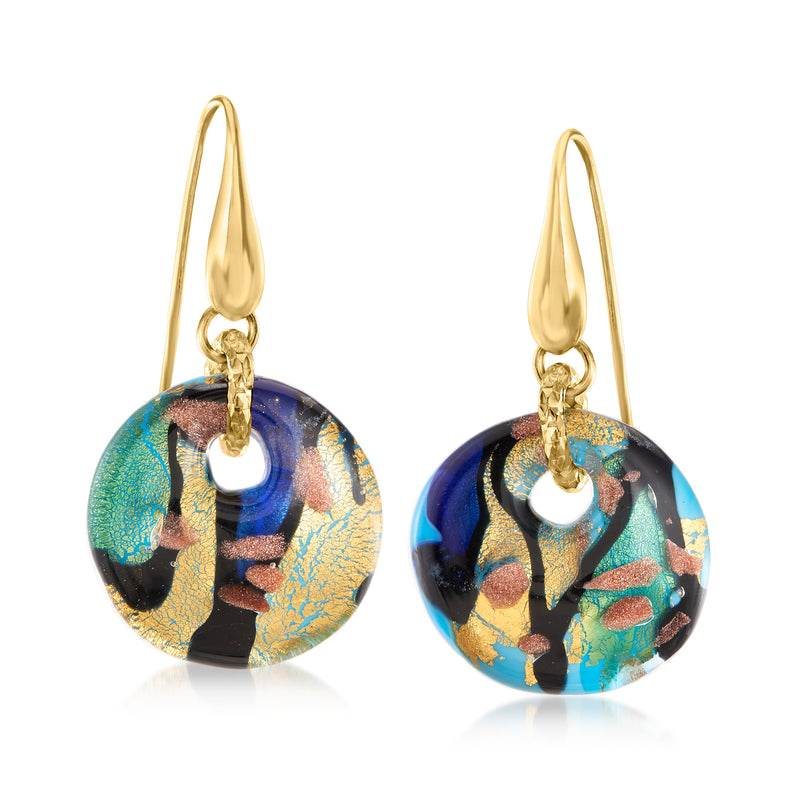 18kt gold over sterling earwire drop earrings with multicolor Murano glass discs