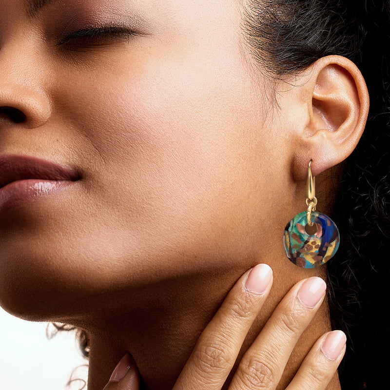 Multicolor Murano glass disc drop earring on gold over sterling earwire