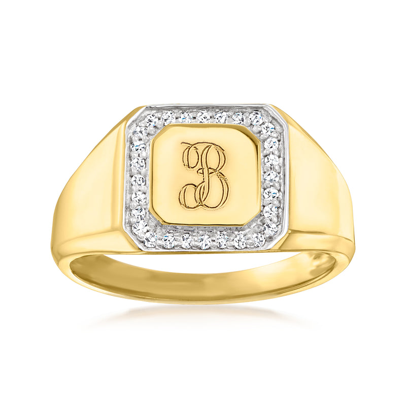 14kt yellow gold square signet ring with diamond halo and engraved monogram face