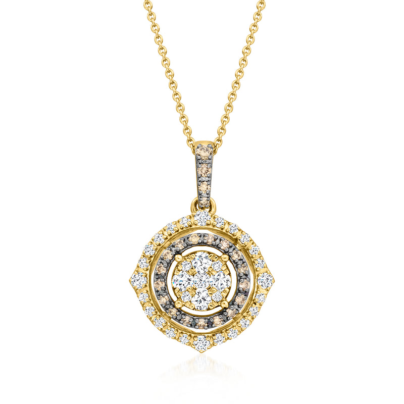 14kt honey gold diamond pendant necklace with circular halo and textured center
