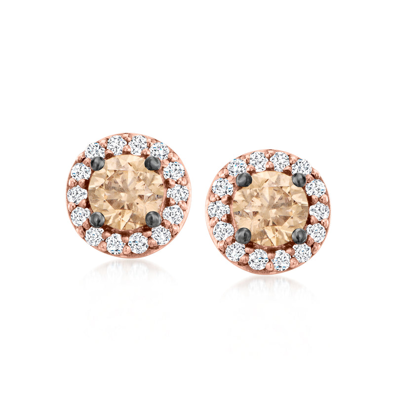 Le Vian round halo diamond stud earrings, champagne center with white and dark stones