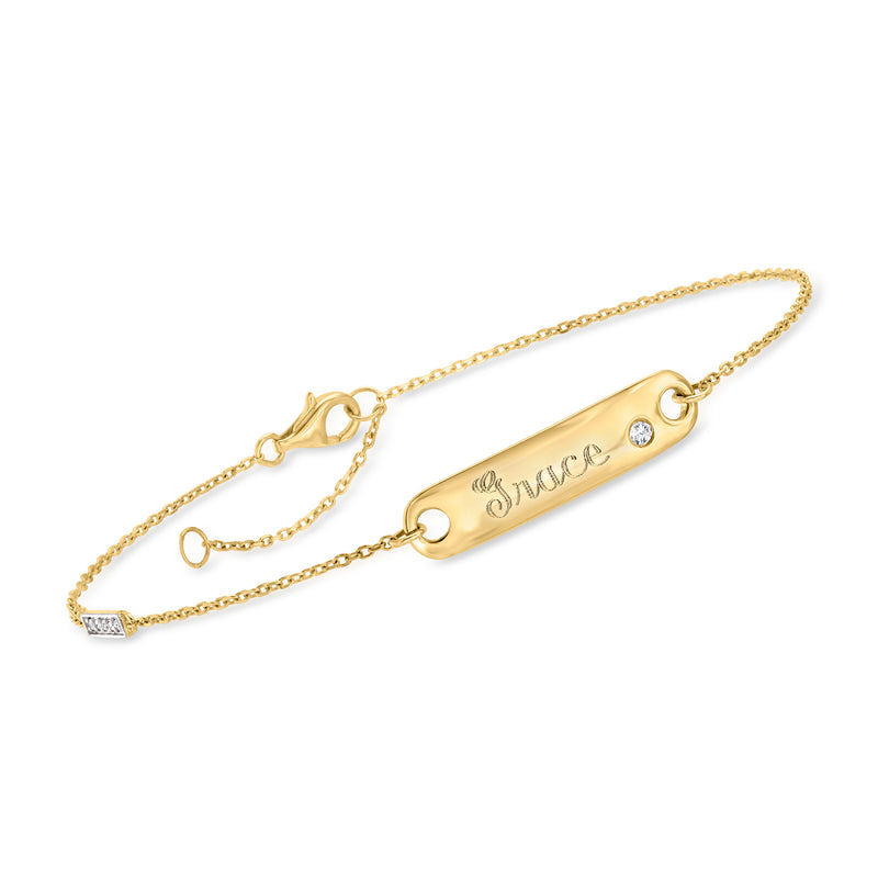 Yellow gold bar bracelet with engraved name, small diamond accents, and chain links.