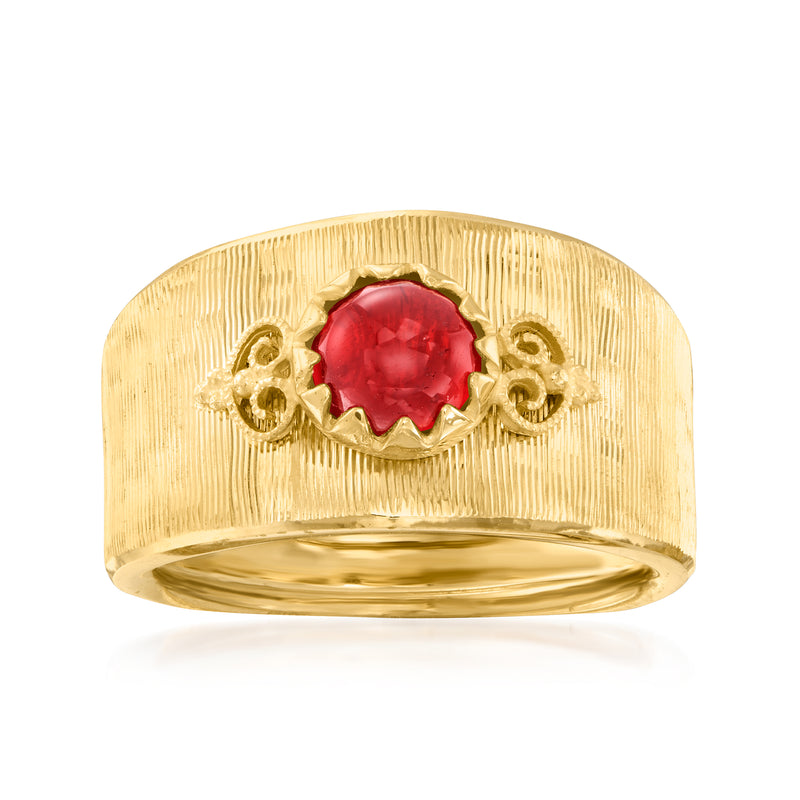 14kt yellow gold garnet ring with red round center stone and side gold details