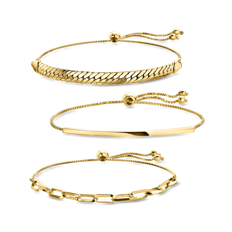 Gold-over-sterling bolo bracelet trio: braided and chain styles with ball clasp