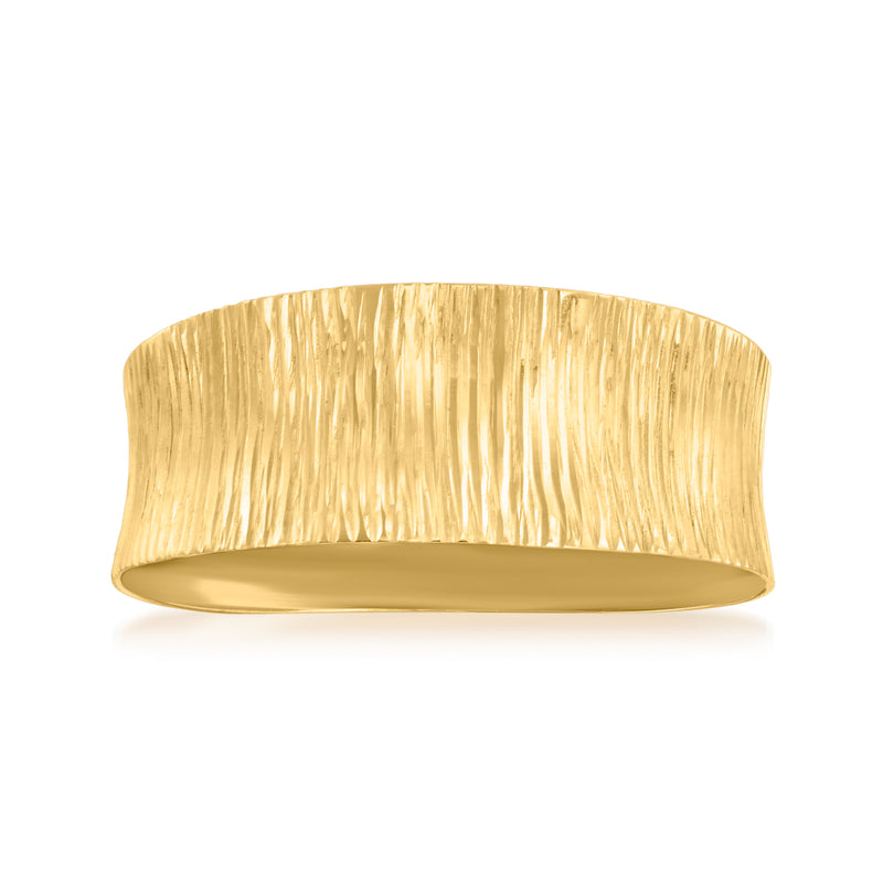 18kt yellow gold textured wide band ring with polished edge