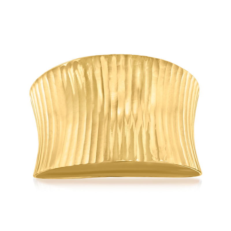 14kt yellow gold concave ring with vertically ribbed exterior finish and wide cuff profile