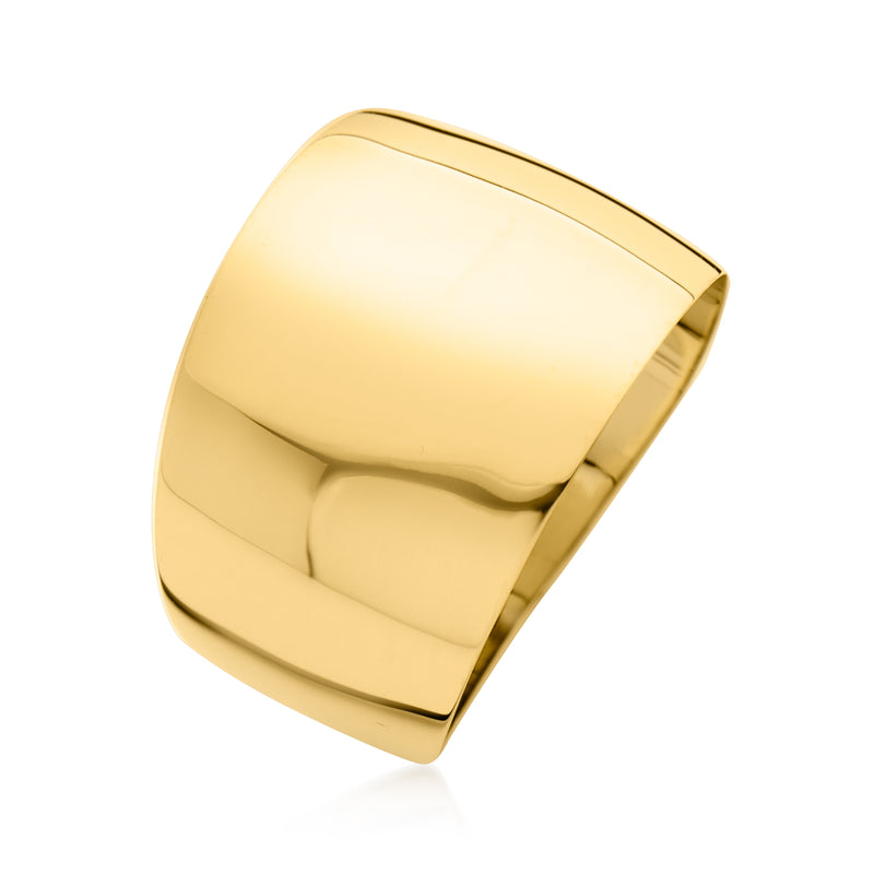 Wide dome 14kt yellow gold ring, angled view of high-profile top