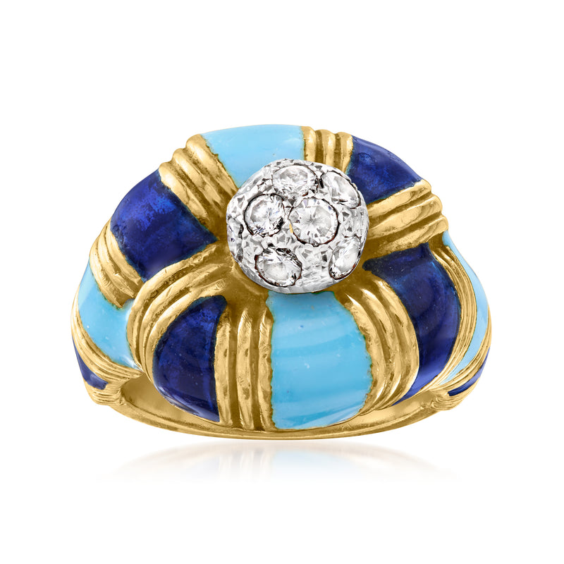 Vintage 18kt yellow gold twisted ring with blue enamel and round diamond cluster