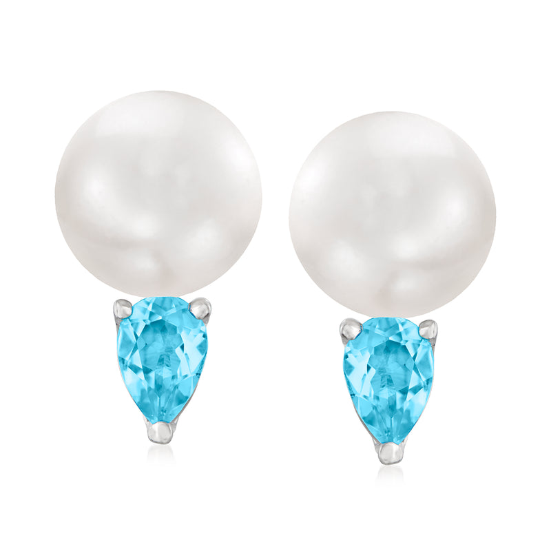 Cultured pearl and Swiss blue topaz stud earrings, sterling silver post settings