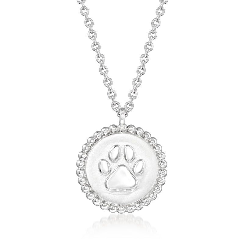 Sterling silver paw print pendant necklace with round bezel and link chain
