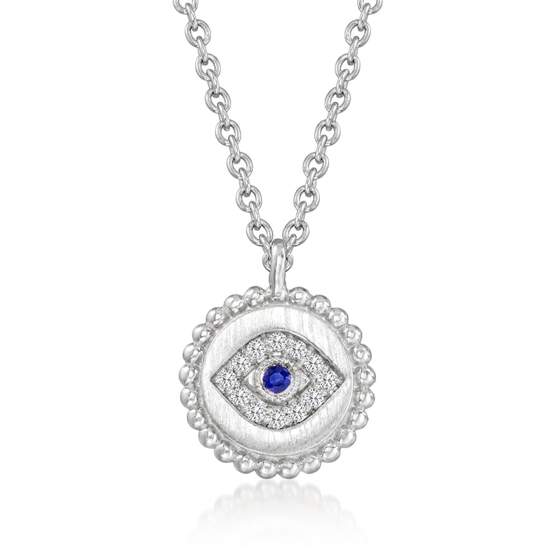 Sterling silver evil eye pendant necklace with sapphire center and diamond accents