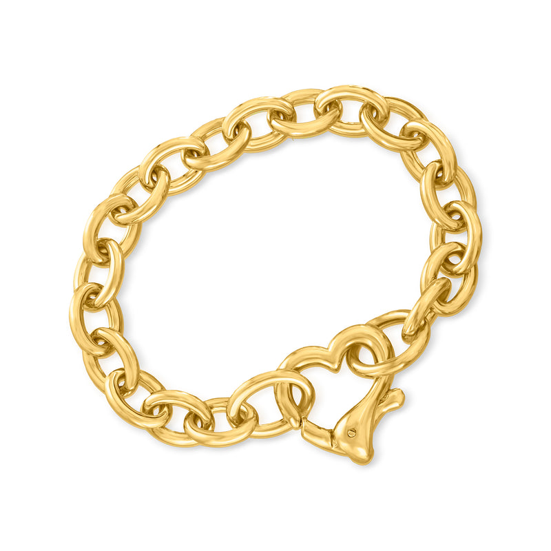Gold cable-link bracelet with heart-shaped clasp, polished finish
