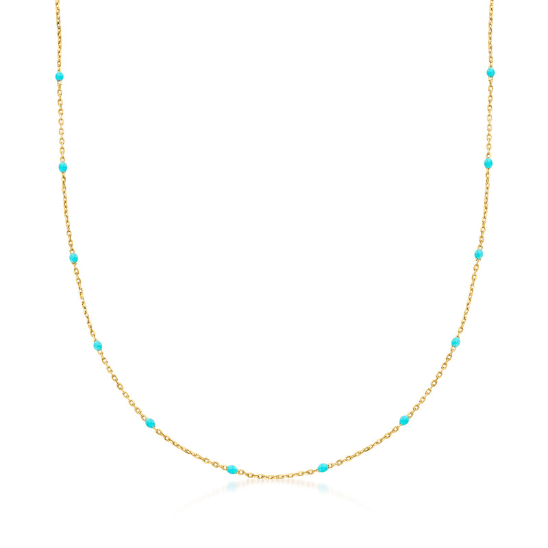 14kt yellow gold station necklace with turquoise enamel bead links