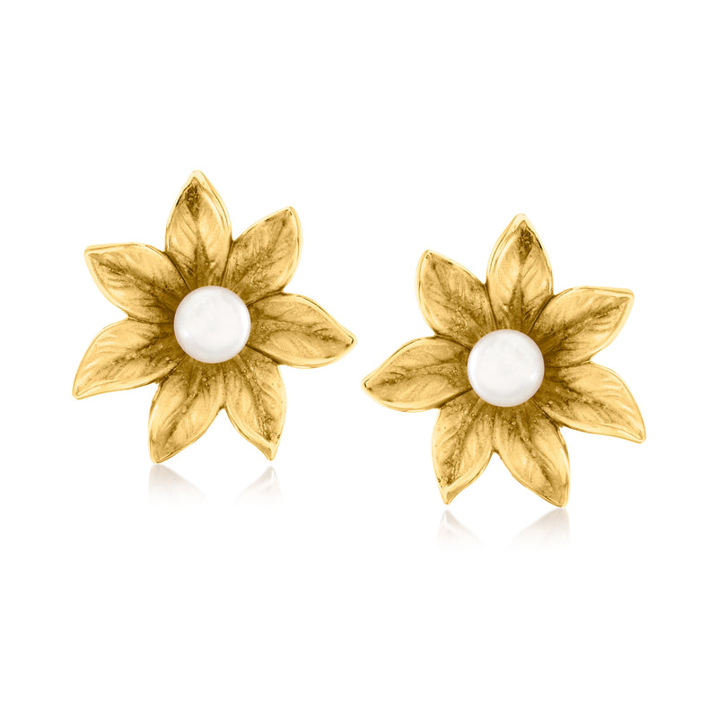 14kt yellow gold flower stud earrings with round white pearl centers