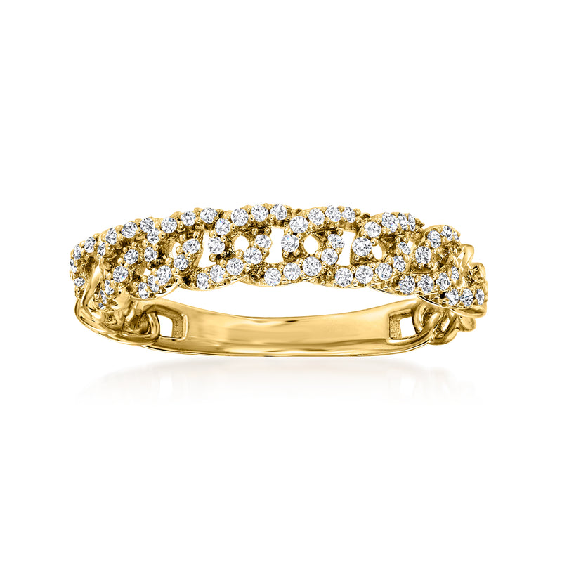 14kt yellow gold curb-link diamond ring with round pave diamonds, rounded profile