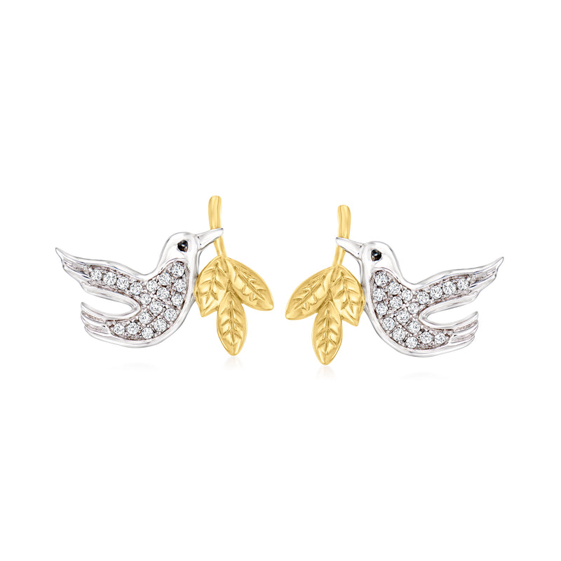 Two-tone sterling silver dove and olive branch diamond post earrings