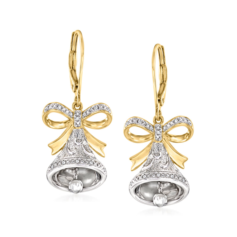Two-tone bell drop earrings with bow, diamond accents, gold and silver tones, leverback
