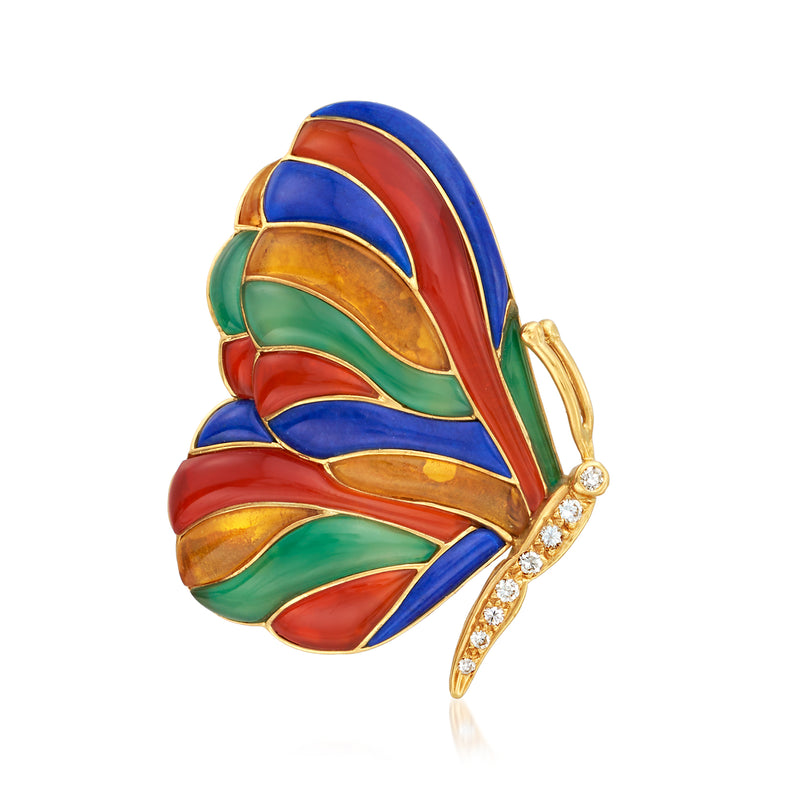 Vintage butterfly lapel pin in 18kt yellow gold with multicolor gem inlay and diamond accents