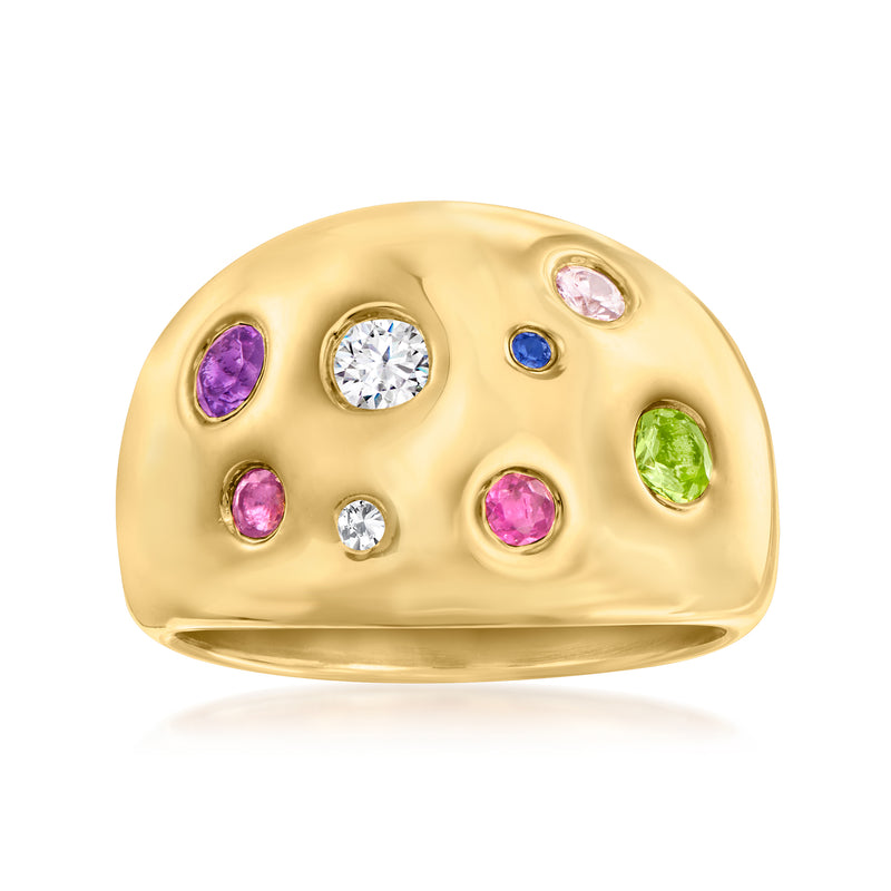 Gold over resin ring with multicolor oval and round simulated gemstones and CZ accents