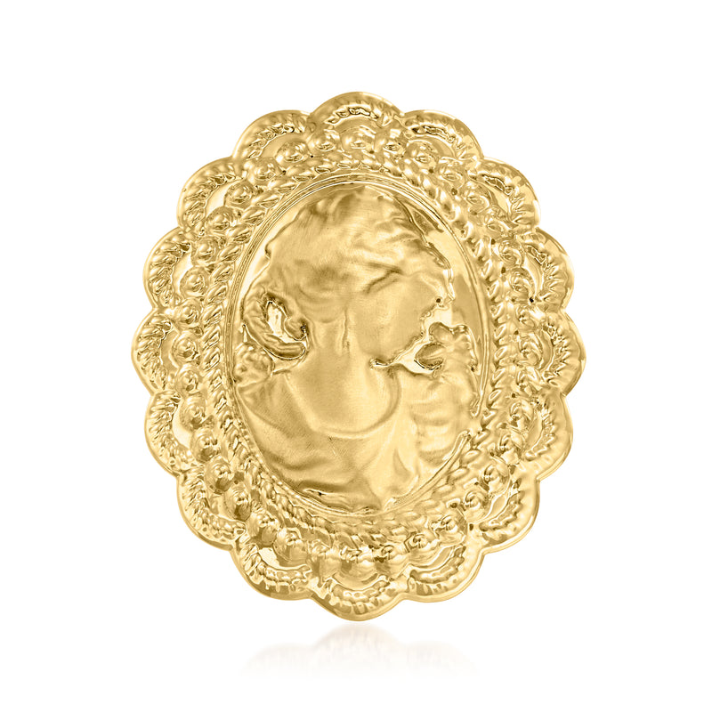 Gold-tone cameo-style ring with oval portrait medallion in ornate flower-like bezel