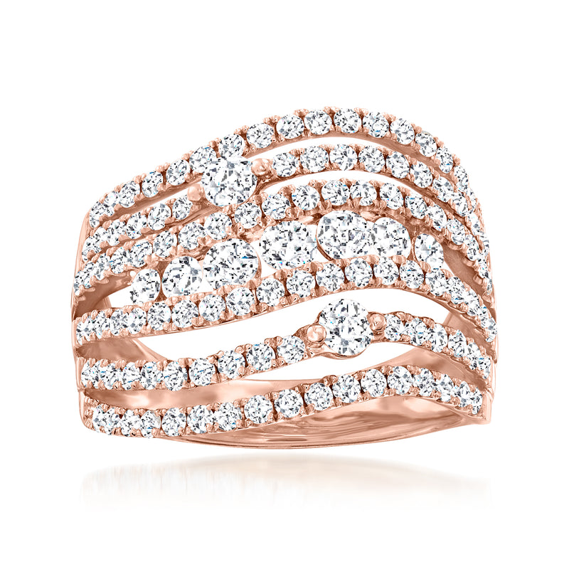 Rose gold diamond multi-row ring with bright round stones, curved band