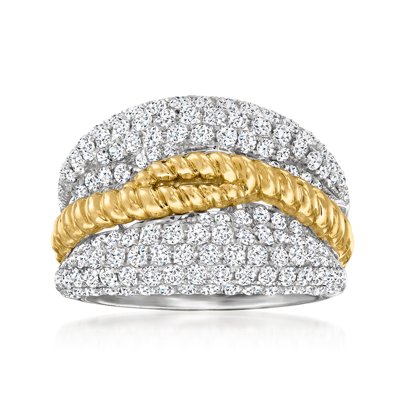 Two-tone 18k gold diamond pave roped ring with curved gold band and round stones