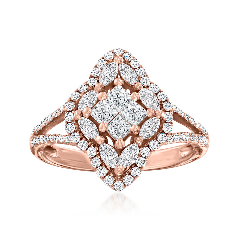 14kt rose gold diamond cluster ring with oval center and kite-shaped halo