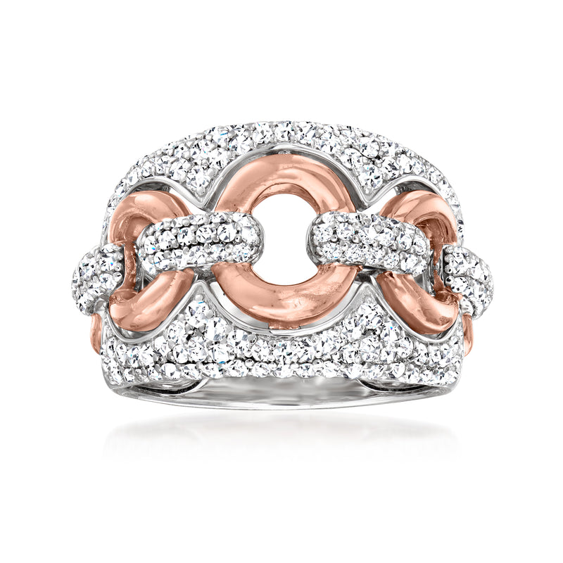 Two-tone gold ring with pave diamonds and circular link centerpiece