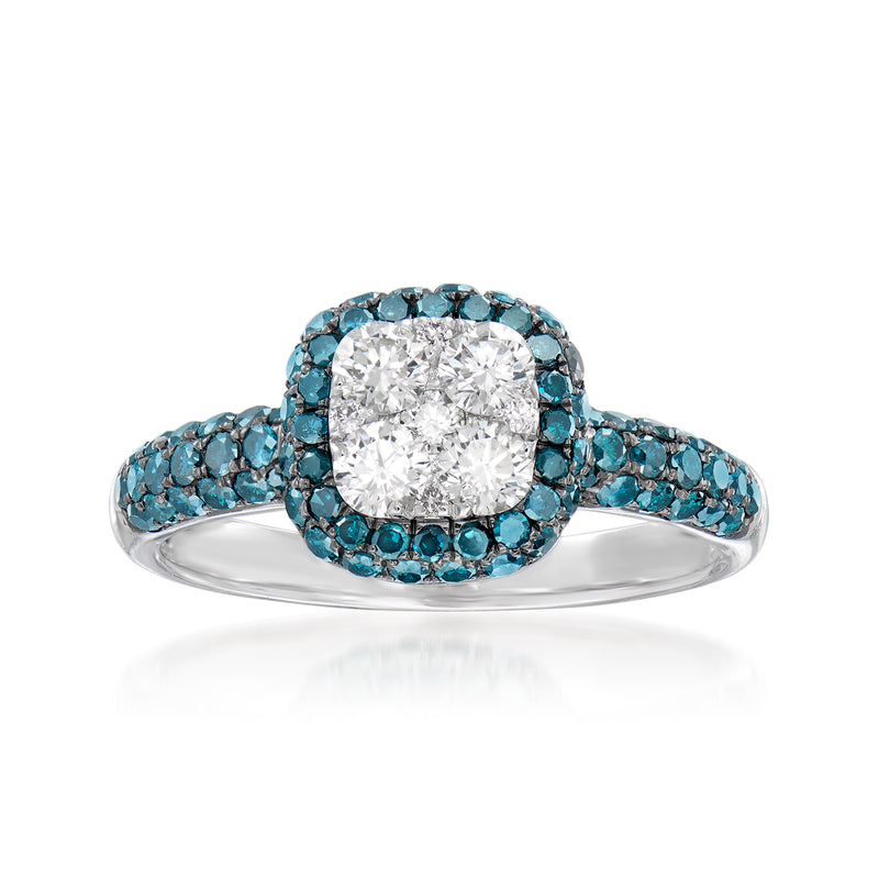 14kt white gold diamond cluster ring with large square-cut center and blue halo