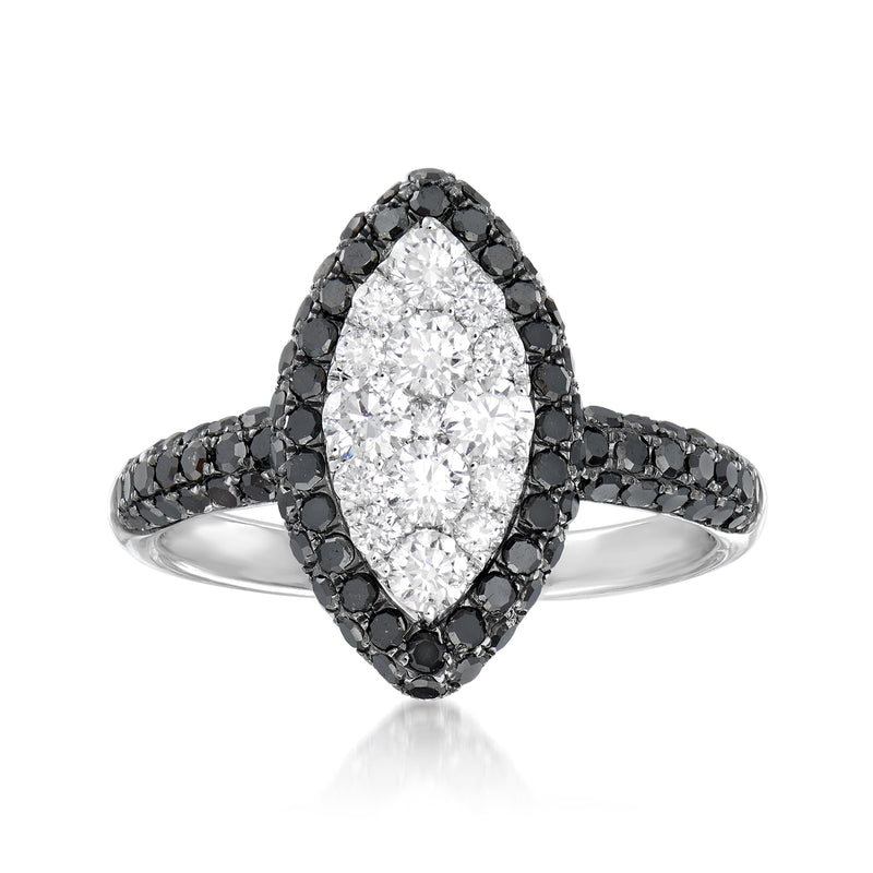 Marquise-cut diamond ring in 14kt white gold, white center with black diamond halo