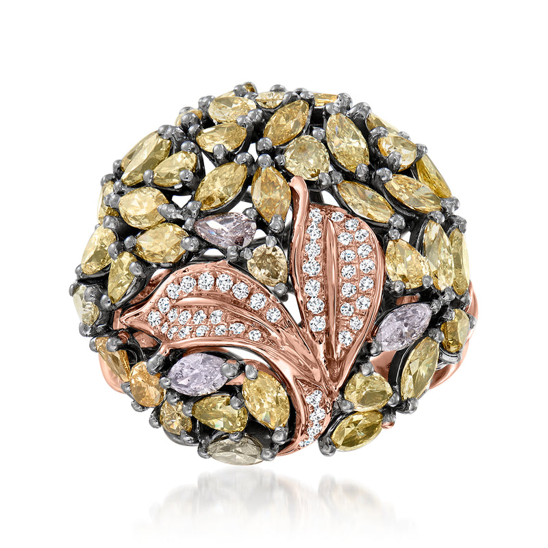 Rose gold leaf design multicolored diamond ring with oval and round stones