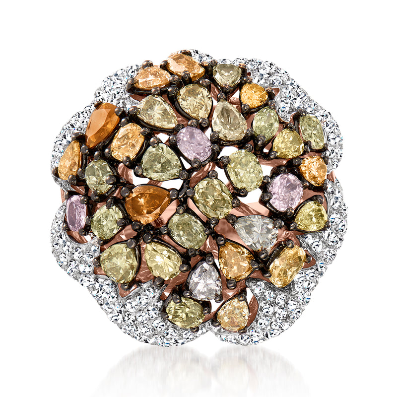 Multicolored diamond dome ring in rose gold with pavé diamond border