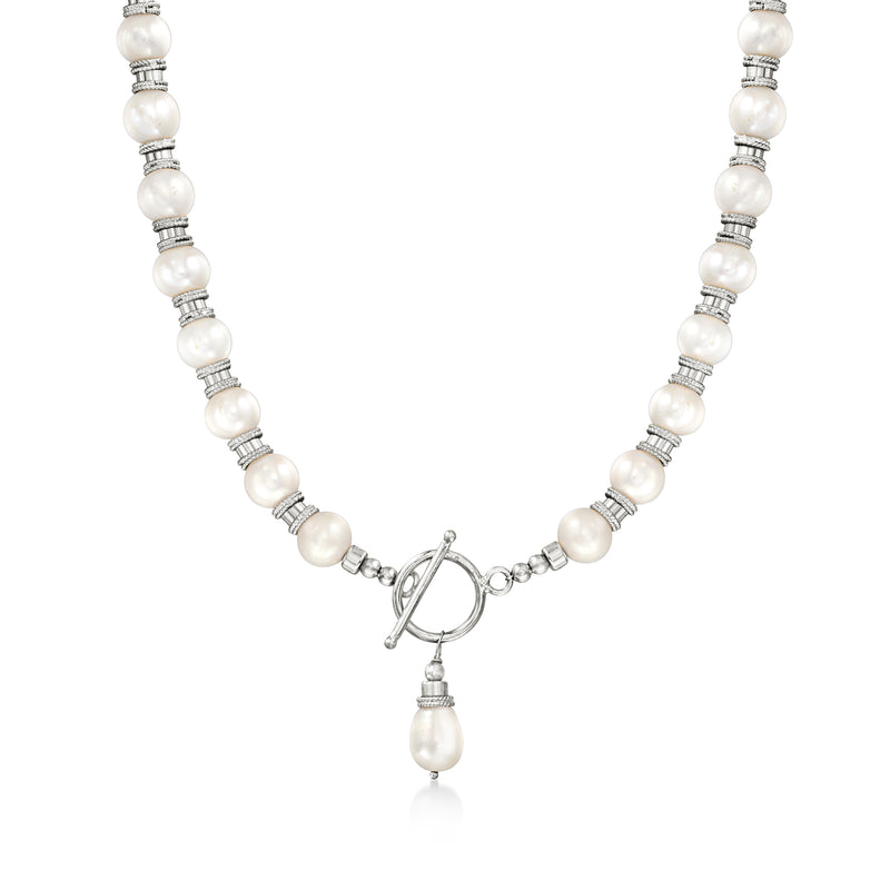 Cultured pearl toggle necklace in sterling silver with white pearls and toggle clasp