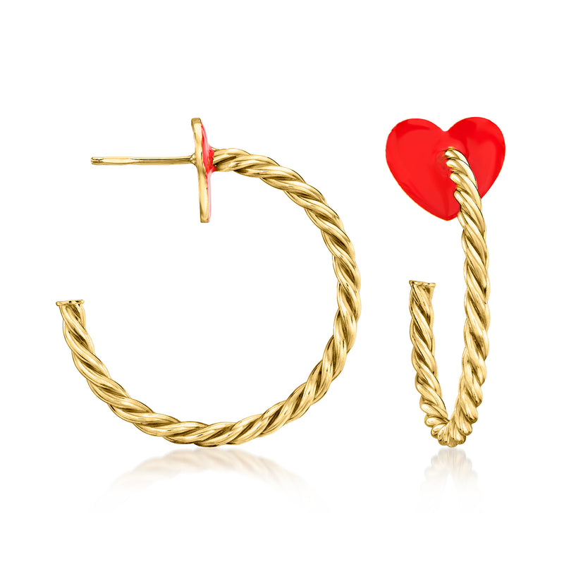Twisted gold hoop earrings with red enamel heart details and post backs