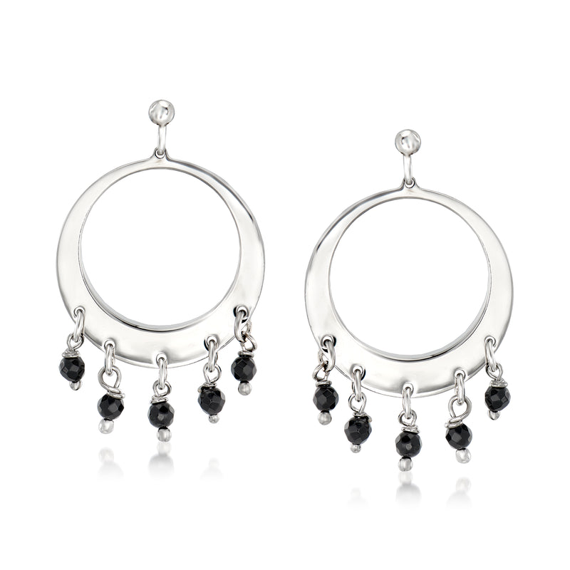 Italian sterling silver open-circle drop earrings with black agate beads and 6 dangling drops