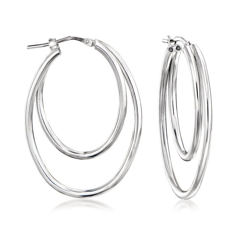 Sterling silver double-oval hoop earrings with hinged clasp, shiny polished finish